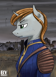 Size: 1117x1516 | Tagged: safe, artist:apocheck13, oc, oc only, oc:littlepip, unicorn, anthro, fallout equestria, clothes, cloud, cloudy, fanfic, fanfic art, female, horn, jumpsuit, post-apocalyptic, ruins, solo, vault suit, wasteland