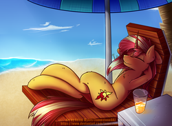 Size: 2000x1462 | Tagged: safe, artist:quefortia, sunset shimmer, pony, unicorn, g4, beach, drink, eyes closed, female, glass, hooves behind head, lying down, mare, relaxing, resting, smiling, solo, umbrella