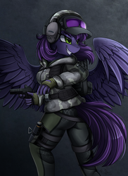 Size: 2550x3509 | Tagged: safe, artist:pridark, oc, oc only, anthro, anthro oc, camouflage, clothes, commission, female, grin, gun, high res, looking back, mare, military uniform, smiling, uniform, weapon