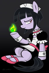 Size: 1024x1507 | Tagged: safe, artist:marelynmayhem, oc, oc only, oc:vyla jenkins, earth pony, pony, clothes, cuffs (clothes), dress, female, fire, maid, mare, mary janes, pyromancy, shoes, sitting, skirt, solo