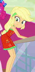 Size: 277x573 | Tagged: safe, screencap, applejack, pinkie pie, equestria girls, equestria girls specials, g4, my little pony equestria girls: better together, my little pony equestria girls: spring breakdown, clothes, cropped, female, freckles, geode of sugar bombs, legs, magical geodes, offscreen character, sleeveless