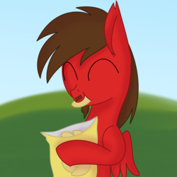 Size: 3002x3002 | Tagged: safe, artist:aureai-sketches, artist:toyminator900, oc, oc only, oc:chip, pegasus, pony, chips, eating, eyes closed, food, high res, nom, potato chips, solo