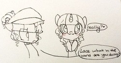 Size: 500x259 | Tagged: safe, artist:laceymod, oc, oc only, oc:lovelace, oc:loveless (laceymod), pony, unicorn, duality, female, hat, mare, traditional art