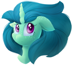 Size: 1024x931 | Tagged: safe, artist:marly-kaxon, oc, oc only, oc:sour note, pony, unicorn, bust, curved horn, female, floppy ears, horn, mare, simple background, solo, transparent background