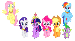 Size: 746x413 | Tagged: safe, artist:supereffectivebros, edit, edited screencap, screencap, applejack, fluttershy, pinkie pie, rainbow dash, rarity, spike, twilight sparkle, dragon, earth pony, pegasus, pony, unicorn, g4, magical mystery cure, a true true friend, animated, background removed, big crown thingy, cute, elements of harmony, female, flying, jewelry, male, mane seven, mane six, mare, regalia, simple background, singing, skipping, transparent background