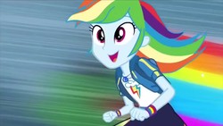 Size: 1280x720 | Tagged: safe, screencap, rainbow dash, equestria girls, g4, my little pony equestria girls: better together, run to break free, cute, dashabetes, female, geode of super speed, happy, magical geodes, rainbow, running, smiling, solo