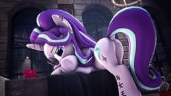 Size: 3840x2160 | Tagged: safe, artist:calveen, starlight glimmer, pony, unicorn, g4, 3d, alternate hairstyle, aviator sunglasses, bed, bedroom, bedroom eyes, building, butt, chair, chandelier, chinese, crossed hooves, dock, ear piercing, earring, featureless crotch, female, flower, glasses, glimmer glutes, high res, jewelry, looking at you, lying, night, piercing, plot, presenting, rose, solo, source filmmaker, sunglasses, tail, tail aside, tattoo, wallpaper, window