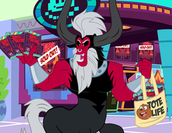 Size: 1000x773 | Tagged: safe, artist:pixelkitties, lord tirek, centaur, equestria girls, g4, everfree northwest, grizz, mark acheson, pixelkitties' brilliant autograph media artwork, sold out, tirek's revenge, tote bag, video game, video game cover, we bare bears