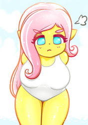 Size: 2508x3541 | Tagged: safe, artist:sigpi, fluttershy, anthro, g4, adorasexy, angry, big breasts, breasts, busty fluttershy, clothes, cute, eyebrows, eyebrows visible through hair, female, high res, looking at you, madorable, no pupils, one-piece swimsuit, sexy, shyabetes, solo, swimsuit