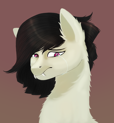 Size: 723x781 | Tagged: safe, artist:lucykor, oc, oc only, oc:gravel shine, bat pony, pony, alternate hair color, bat pony oc, black hair, crying, eyebrows, fangs, fluffy, sad, slit pupils, solo