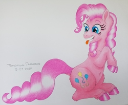 Size: 3692x3024 | Tagged: safe, artist:maximustimaeus, pinkie pie, earth pony, pony, g4, alternate hairstyle, belly button, colored pencil drawing, female, high res, mare, smiling, solo, tongue out, traditional art