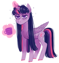 Size: 980x1032 | Tagged: safe, artist:jellybeanbullet, twilight sparkle, alicorn, pony, g4, coffee, cup, curved horn, female, glowing horn, horn, magic, mare, mug, semi-vulgar, shrunken pupils, simple background, solo, telekinesis, tired, twilight sparkle (alicorn), white background