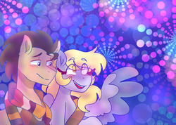 Size: 1280x912 | Tagged: safe, artist:cubbybatdoodles, derpy hooves, doctor whooves, time turner, pegasus, pony, g4, blushing, clothes, female, male, scarf, ship:doctorderpy, shipping, smiling, straight
