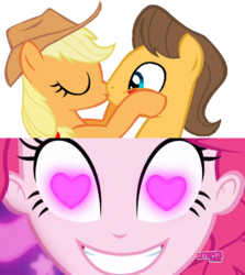Size: 852x954 | Tagged: safe, artist:mlpfan3991, applejack, caramel, pinkie pie, coinky-dink world, equestria girls, g4, my little pony equestria girls: summertime shorts, female, heart, heart eyes, male, meme, pinkie's eyes, ship:carajack, shipping, shipping domino, straight, wingding eyes