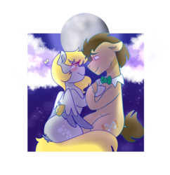 Size: 1280x1323 | Tagged: safe, artist:cubbybatdoodles, derpy hooves, doctor whooves, time turner, earth pony, pegasus, pony, g4, blushing, cloud, female, looking at each other, male, mare, moon, ship:doctorderpy, shipping, smiling, stallion, straight