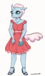 Size: 1784x3000 | Tagged: safe, artist:rainbowsprinklesart, ocellus, anthro, plantigrade anthro, g4, clothes, dress, ear piercing, earring, female, high heels, jewelry, nail polish, necklace, piercing, purse, shoes, simple background, solo, white background