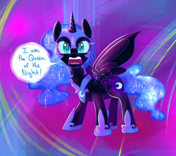 Size: 1000x888 | Tagged: safe, artist:ryuredwings, nightmare moon, alicorn, pony, g4, abstract background, cute, ethereal mane, fangs, female, filly, looking at you, moonabetes, nightmare woon, open mouth, slit pupils, solo, spread wings, standing, talking, talking to viewer, weapons-grade cute, wings, younger