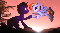 Size: 5760x3240 | Tagged: safe, artist:lagmanor, rainbow dash, oc, oc:lagmanor amell, pegasus, pony, unicorn, g4, 3d, cliff, dawn, female, flying, grass, hoofbump, looking at each other, male, mare, morning, rock, smiling, source filmmaker, stallion, sun, sunlight, tree