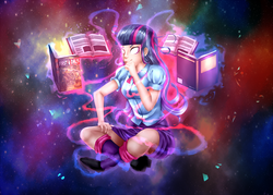 Size: 2500x1785 | Tagged: safe, artist:brother-lionheart, twilight sparkle, human, equestria girls, g4, book, clothes, female, glowing eyes, magic, misleading thumbnail, not drugs, solo, space, tanith first and only, telekinesis, warhammer (game), warhammer 40k