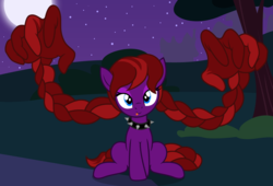 Size: 2838x1926 | Tagged: safe, artist:badumsquish, derpibooru exclusive, oc, oc only, oc:bad touch, earth pony, pony, :p, antagonist, bedroom eyes, braid, braided tail, collar, eyeshadow, female, front view, hand, hand hair, imminent molestation, looking at you, makeup, oc villain, park, prehensile hair, prehensile mane, red hair, show accurate, sitting, solo, spiked collar, supervillain, tongue out
