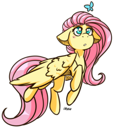 Size: 1732x1916 | Tagged: safe, artist:lrusu, fluttershy, butterfly, pegasus, pony, g4, female, floppy ears, looking at something, looking up, mare, open mouth, simple background, solo, spread wings, three quarter view, transparent background, wings