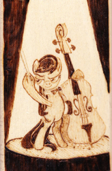 Size: 606x922 | Tagged: safe, artist:malte279, octavia melody, earth pony, pony, g4, bow (instrument), cello, craft, female, musical instrument, pyrography, solo, spotlight, traditional art