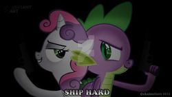Size: 622x350 | Tagged: safe, artist:csanimations, spike, sweetie belle, dragon, pony, unicorn, g4, back to back, badass, black background, female, filly, gun, handgun, looking at each other, male, obtrusive watermark, pistol, ship:spikebelle, shipping, shipping fuel, simple background, straight, watermark, weapon