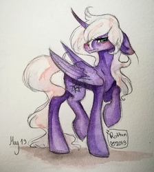 Size: 2976x3327 | Tagged: safe, artist:rottengotika, oc, oc only, oc:star nebula moon, alicorn, pony, albino, alicorn oc, female, long hair, long mane, long tail, mare, sad, sad face, simple background, solo, this will end in tears, traditional art, upset, watercolor painting, white background