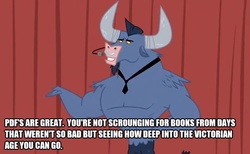 Size: 778x478 | Tagged: safe, edit, edited screencap, screencap, iron will, minotaur, g4, putting your hoof down, book, caption, horns, image macro, male, pdf, reading, solo, talking, text, victorian, victorian age