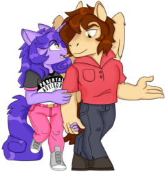 Size: 985x1028 | Tagged: safe, artist:dbkit, oc, oc:amethyst sniper, oc:bajo, anthro, amejo, clothes, commission, couple, duo, holding head, simple background, transparent background