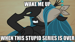 Size: 1024x576 | Tagged: safe, edit, edited screencap, screencap, queen chrysalis, changeling, changeling queen, frenemies (episode), g4, blindfold, caption, female, solo, text