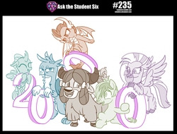 Size: 1600x1215 | Tagged: safe, artist:sintakhra, gallus, ocellus, sandbar, silverstream, smolder, yona, changedling, changeling, classical hippogriff, dragon, earth pony, griffon, hippogriff, pony, yak, tumblr:studentsix, "best yak" trophy, 2000, 2000 followers, bow, cloven hooves, colored hooves, cute, diaocelles, diastreamies, dragoness, female, gallabetes, hair bow, jewelry, male, milestone, monkey swings, necklace, pencil, post-it, rock, sandabetes, smiling, smolderbetes, stair keychain, student six, teenager, yonadorable