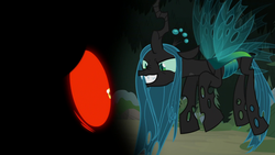 Size: 1920x1080 | Tagged: safe, screencap, queen chrysalis, changeling, changeling queen, frenemies (episode), g4, body horror, disembodied eyes, eldritch abomination, evil smile, eyes in the dark, female, grin, scared, smiling, smug, solo