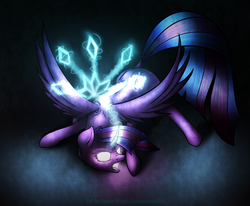 Size: 1500x1238 | Tagged: safe, artist:quefortia, twilight sparkle, alicorn, pony, g4, angry, dark, female, glowing eyes, glowing horn, horn, magic, magic aura, mare, rage, solo, spread wings, twilight sparkle (alicorn), wings