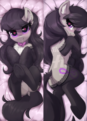 Size: 1476x2067 | Tagged: safe, alternate version, artist:rileyisherehide, octavia melody, earth pony, pony, g4, beautiful, blushing, body pillow, body pillow design, bowtie, butt, chest fluff, clothes, cute, dock, featureless crotch, female, heart eyes, lingerie, lip bite, looking at you, mare, obtrusive watermark, pale belly, plot, shoulder fluff, smiling, socks, solo, stockings, tavibetes, thigh highs, underhoof, watermark, wingding eyes