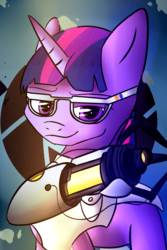 Size: 1200x1800 | Tagged: safe, artist:quefortia, twilight sparkle, pony, g4, aperture science, clothes, crossover, female, glasses, horn, lab coat, mare, portal (valve), portal gun, solo