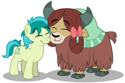 Size: 1920x1279 | Tagged: safe, artist:aleximusprime, sandbar, yona, earth pony, pony, yak, g4, she's all yak, bow, cute, diabetes, duo, duo male and female, eyes closed, female, friends, larger female, male, nuzzling, platonic, sandabetes, ship:yonabar, shipping, simple background, size difference, smaller male, straight, yonadorable