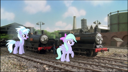 Size: 960x540 | Tagged: safe, cloudchaser, flitter, pegasus, pony, g4, crossover, donald and douglas the scottish twins, female, locomotive, male, mare, siblings, steam locomotive, thomas the tank engine, train, twins
