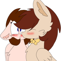 Size: 1378x1378 | Tagged: safe, artist:circuspaparazzi5678, oc, oc:breanna, pony, blushing, bowtie, cheek kiss, floppy ears, kisses, kissing, simple background, transparent background