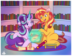 Size: 3300x2550 | Tagged: safe, artist:cckittycreative, starlight glimmer, sunset shimmer, pony, unicorn, g4, book, bookshelf, carpet, duo, female, glowing horn, high res, horn, letter, looking at something, magic, mare, open mouth, scroll, smiling, stars
