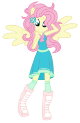 Size: 721x1108 | Tagged: safe, artist:bezziie, fluttershy, equestria girls, g4, boots, clothes, dress, female, kneesocks, messy hair, ponied up, ribbon, shoes, simple background, solo, transparent background, wings