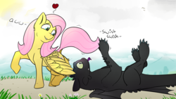 Size: 2560x1440 | Tagged: safe, artist:fuzzypones, fluttershy, dragon, night fury, pegasus, pony, g4, behaving like a cat, crossover, cute, dock, dreamworks, duo, female, floating heart, heart, how to train your dragon, looking back, male, mare, on back, playing with tail, redo, speech bubble, tongue out, toothless the dragon