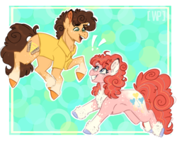 Size: 982x783 | Tagged: safe, artist:wanderingpegasus, cheese sandwich, pinkie pie, earth pony, pony, g4, duo, female, fluffy, male, mare, smiling, stallion