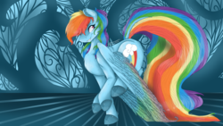 Size: 5600x3150 | Tagged: safe, artist:feathershine1, rainbow dash, pony, g4, abstract background, colored wings, female, grin, long tail, multicolored wings, smiling, solo, wings