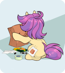 Size: 1024x1150 | Tagged: safe, artist:petalierre, oc, oc:paper bag, earth pony, pony, back fluff, crayon, face not visible, facing away, fake cutie mark, female, mare, marker, paper, paper bag, rear view, tape, unmasked