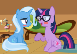Size: 2358x1661 | Tagged: safe, artist:themexicanpunisher, discord, sci-twi, trixie, twilight sparkle, pony, unicorn, g4, blush sticker, blushing, equestria girls ponified, eye contact, female, glasses, lesbian, looking at each other, mare, ship:sci-twixie, ship:twixie, shipping, sitting, unicorn sci-twi