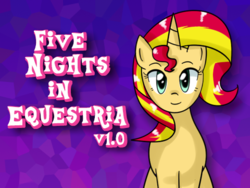 Size: 480x360 | Tagged: safe, artist:vanillafox2035, sunset shimmer, pony, unicorn, g4, adorable face, cute, female, five nights at freddy's, five nights in equestria, flash game, game, link in source, looking at you, mare, parody, ponified, sitting, smiling, solo, title screen
