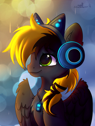 Size: 1575x2100 | Tagged: safe, artist:zobaloba, oc, oc only, oc:shade demonshy, pegasus, pony, axent wear cat headphones, cat ear headphones, commission, digital art, female, headphones, lightning, rain, shading, simple background, solo, ych example, ych result