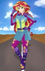 Size: 709x1106 | Tagged: safe, artist:anonix123, sunset shimmer, human, equestria girls, g4, my little pony equestria girls: friendship games, clothes, female, humanized, looking at you, motocross outfit, smiling, solo