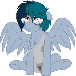 Size: 4490x4490 | Tagged: safe, artist:mlp-touchscreen, oc, oc only, oc:delta vee, pegasus, pony, bags under eyes, chest fluff, clothes, eye clipping through hair, eyebrows, eyebrows visible through hair, female, floppy ears, mare, simple background, sitting, solo, spread wings, tired, transparent background, underhoof, wings